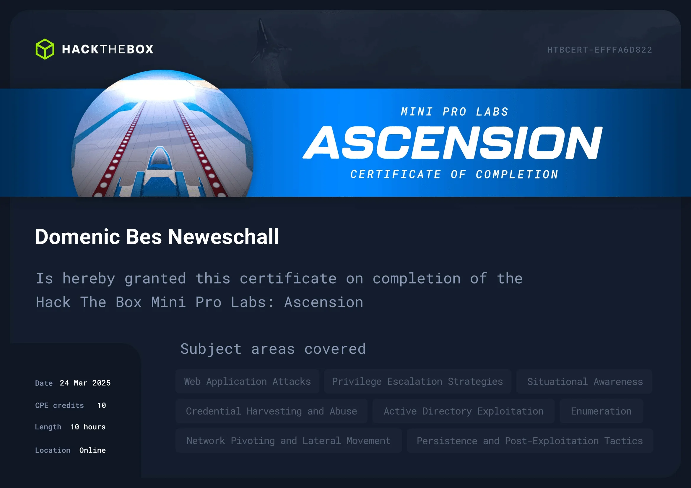 Hack The Box Ascension certificate