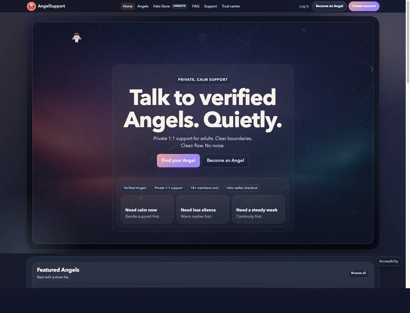 Hero section of angelsupport.cloud